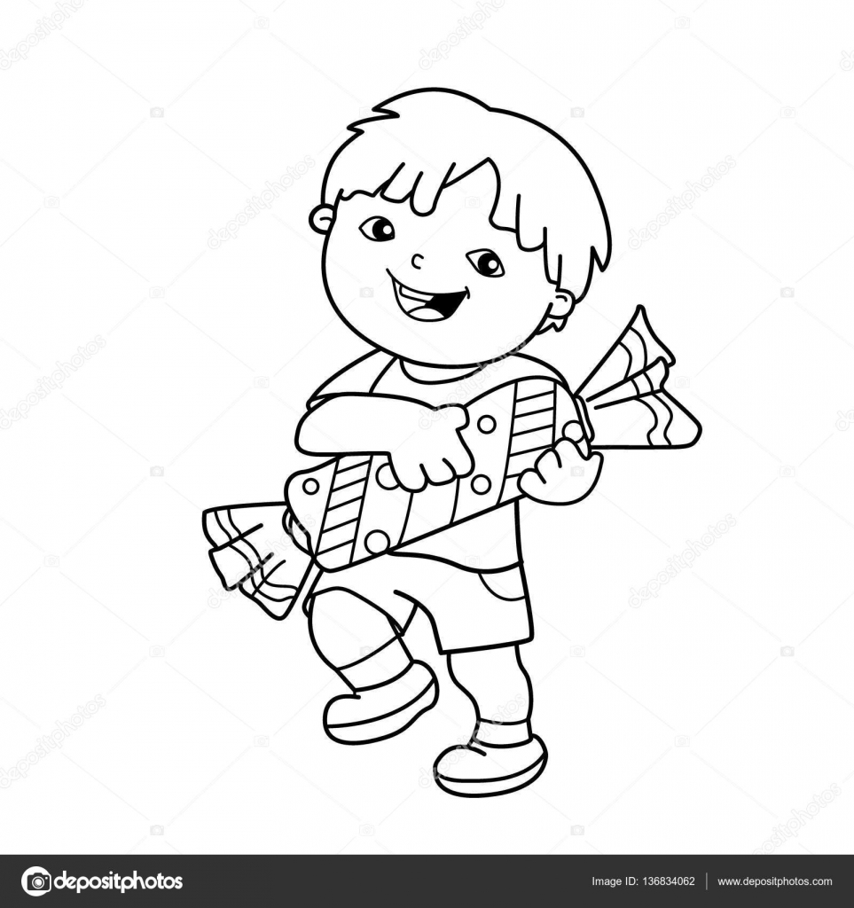 Desenho da página de colorir do menino dos desenhos animados com doces.  Livro para colorir para crianças imagem vetorial de Oleon17© 136834062